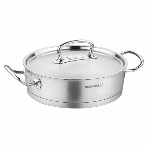 YBM Home a1173 9.4 in. Dia. x 3.9 in. Korkmaz Proline Stainless Steel Low Casserole Stockpot Perspective: front