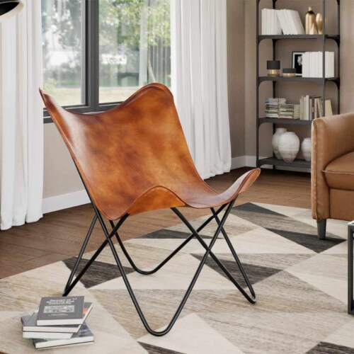 vidaXL Butterfly Chair Brown Real Leather 1 pcs Foods Co