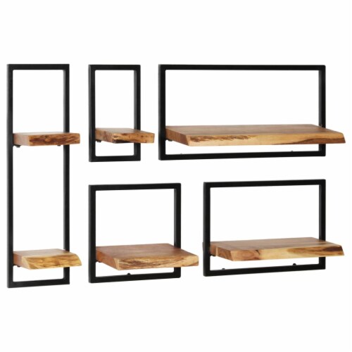vidaXL Wall Shelf Set 5 Pieces Solid Acacia Wood and Steel Perspective: front