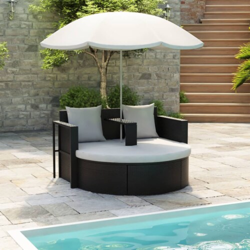 vidaXL Patio Bed with Parasol Black Poly Rattan, 1 set - Harris Teeter