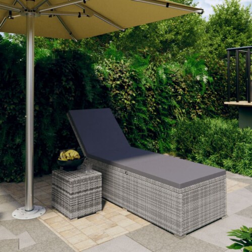 vidaXL Sun Lounger with Cushion and Tea Table Poly Rattan Gray N