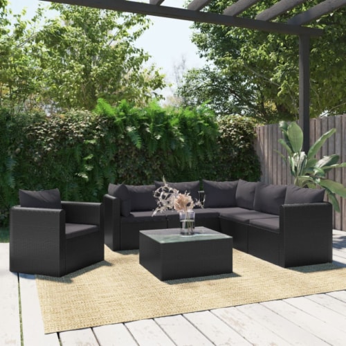 vidaXL 7 Piece Patio Lounge Set with Cushions Poly Rattan Black 7