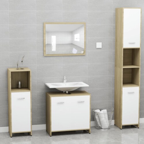 vidaXL Bathroom Furniture Set White and Sonoma Oak Engineered Wood Perspective: front