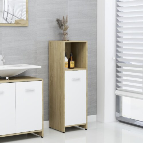 vidaXL Bathroom Cabinet White and Sonoma Oak 11.8 x11.8 x37.4  Engineered Wood Perspective: front