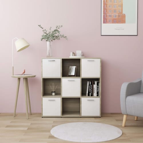vidaXL Book Cabinet White and Sonoma Oak 35.4 x11.8 x35.4 Engineered Wood Perspective: front