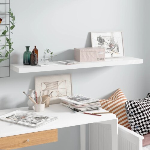 vidaXL Floating Wall Shelf High Gloss White 47.2 x9.3 x1.5 MDF Perspective: front