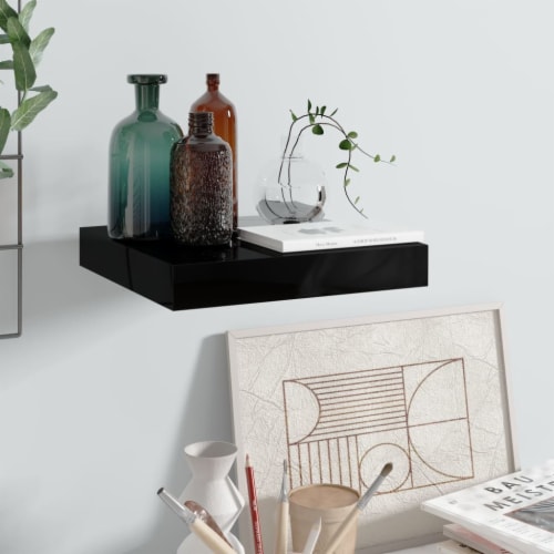 vidaXL Floating Wall Shelf High Gloss Black 9.1 x9.3 x1.5 MDF Perspective: front