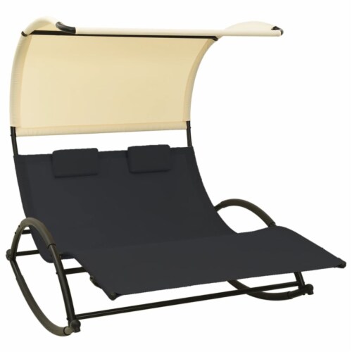 vidaXL Double Sun Lounger with Canopy Textilene Black and Cream N