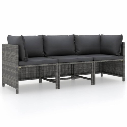 vidaXL 3 Seater Patio Sofa with Cushions Gray Poly Rattan 1 pcs