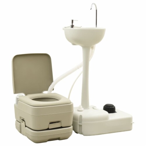 vidaXL Portable Camping Toilet 2.6+2.6 gal and Handwash Stand 5.3 gal Set Gray Perspective: front