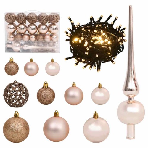 vidaXL 61 Piece Christmas Ball Set with Peak and 150 LEDs Rose Gold Perspective: front