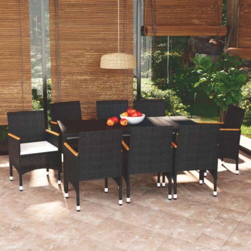 Vidaxl 9 piece outdoor dining set with cushions poly rattan black discount
