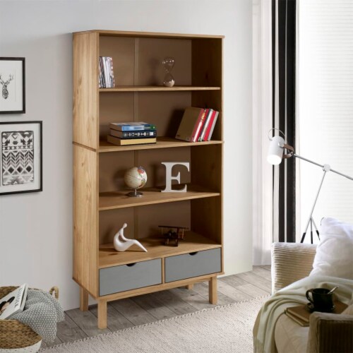 vidaXL Bookcase OTTA with 2 Drawers Brown and Gray Solid Wood Pine Perspective: front