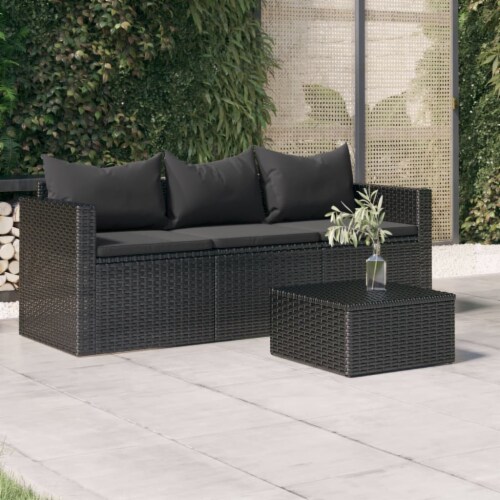 vidaXL 3 Seater Patio Sofa with Cushions Black Poly Rattan N A