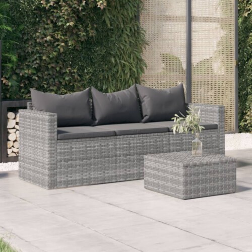 vidaXL 3 Seater Patio Sofa with Cushions Gray Poly Rattan N A