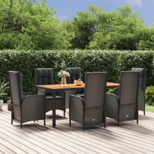vidaXL 7 Piece Patio Dining Set with Cushions Black Poly Rattan 74.8 table length 1 Gerbes Super Markets