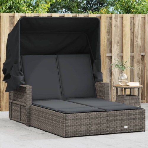 vidaXL Double Sun Lounger with Canopy and Cushions Gray Poly Rattan 1 Smith s Food and Drug