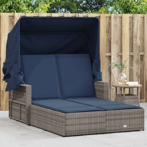 vidaXL Double Sun Lounger with Canopy and Cushions Gray Poly Rattan 1 King Soopers