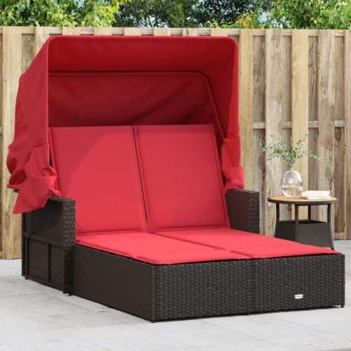 vidaXL Double Sun Lounger with Canopy and Cushions Brown Poly Rattan 1 Kroger