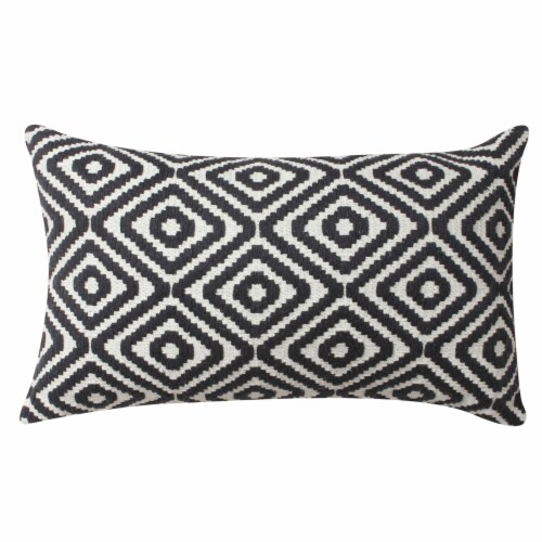 12 x 20 Rectangular Jacquard Cotton Accent Lumbar Pillow, Diamond Pattern, Black, White- Perspective: front