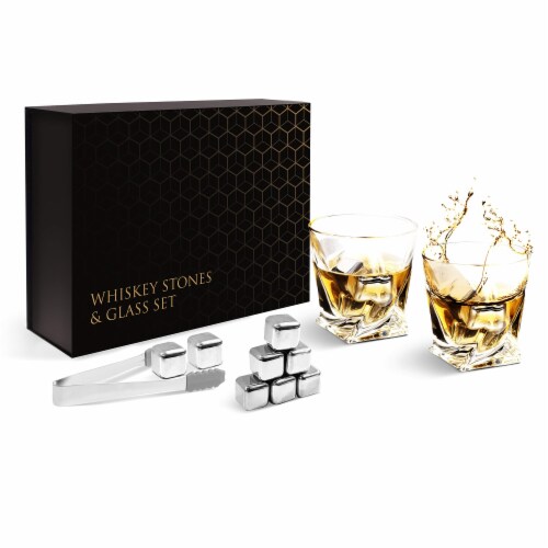 flybold Whiskey Set: Glasses, Stones, 8 Steel Cubes & Gift Packing Perspective: front
