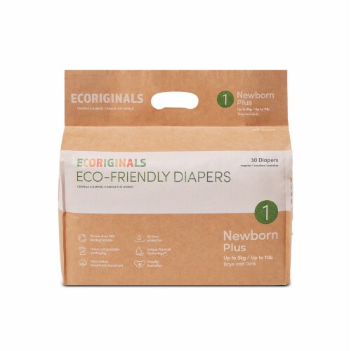 Ecoriginals Plant Based Baby Diapers | Newborn Plus Size 1 | 1 Pack, 30 Count Perspective: front