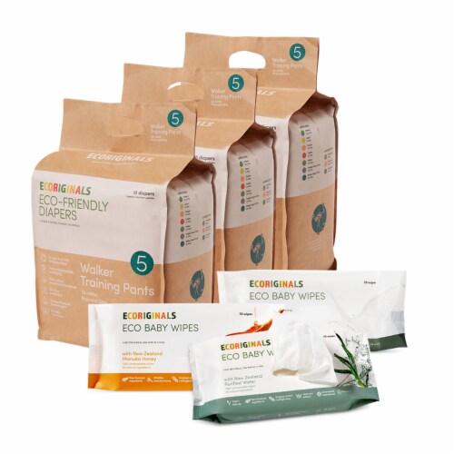 Ecoriginals Plant Based 3 Packs of Pants + 3 Packs of Water Wipes | Walker Size 5 | Perspective: front