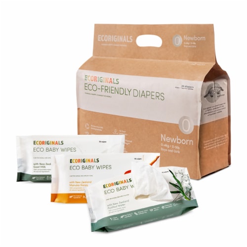 Ecoriginals Trial Pack | Plant Based Diapers and Wipes | Newborn Size 0 Perspective: front