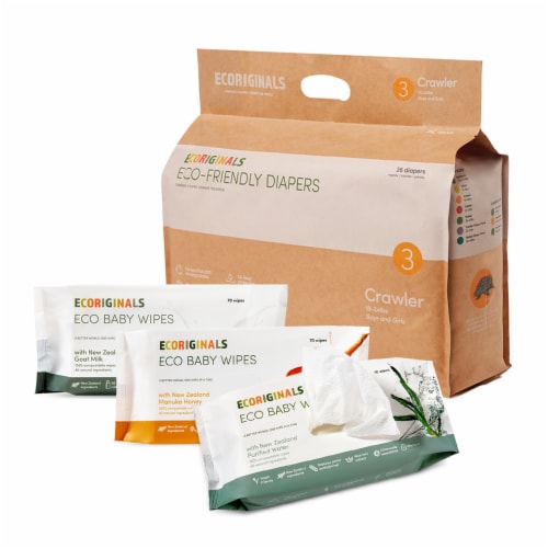 Ecoriginals Trial Pack | Plant Based Diapers and Variety Wipes | Crawler Size 3 Perspective: front