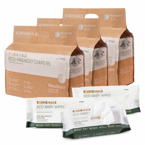 Ecoriginals Plant Based 3 Packs of Diapers + 3 Packs of Goat Milk Wipes | Newborn Size 0 | Perspective: front