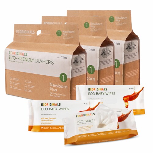Ecoriginals Plant Based 3 Packs of Diapers + 3 Packs of Manuka Wipes | Newborn Plus Size 1 | Perspective: front