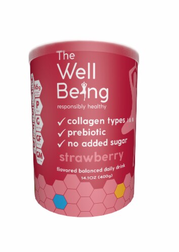 The WellBeing Strawberry Flavored Collagen Balanced Daily Drink Perspective: front