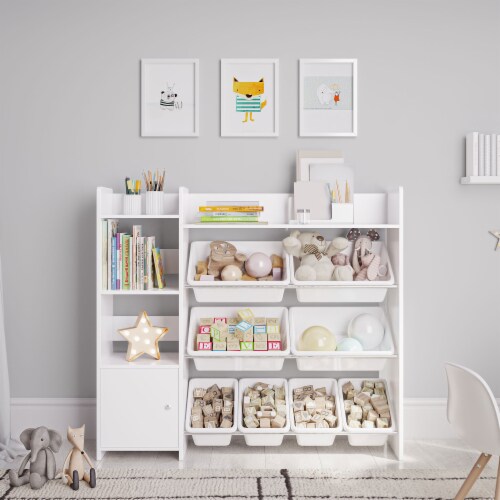 Sturdis Kids Toy Storage Organizer with Cabinet Bookshelf and 8 Toy Bins White 1 Piece QFC