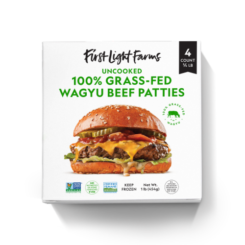 First Light Farms Uncooked 100% Grass-Fed Wagyu Beef Patties Perspective: front