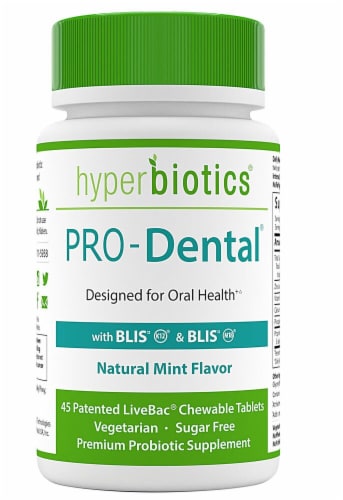 Hyperbiotics PRO-Dental Natural Mint Flavor Probiotics for Oral Health Chewable Tablets Perspective: front