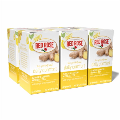 Red Rose Blossoms Ginger Lemon Herbal Tea with 18 Tea Bags Per Box (Pack of 6) Perspective: front