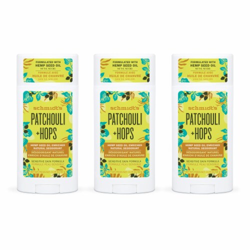 Schmidt's Aluminum-Free 24-Hour Hemp Patchouli & Hops Sensitive Skin Vegan Natural Deodorant Stick Perspective: front