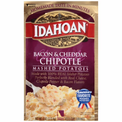 Idahoan Bacon & Cheddar Chipotle Mashed Potatoes Case Sale Perspective: front