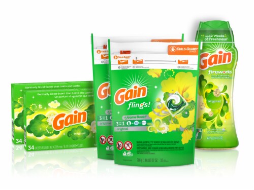 Gain Flings Laundry Detergent Pacs Dryer Sheets & Fireworks Scent Booster Beads Bundle Perspective: front