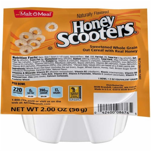 Malt O Meal Honey Nut Scooters Sweetened Whole Grain Oat Cereal, 2 Ounce -- 48 per case. Perspective: front