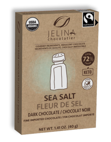 Jelina Chocolatier Sea Salt 72% Cacao Organic Dark Chocolate Perspective: front
