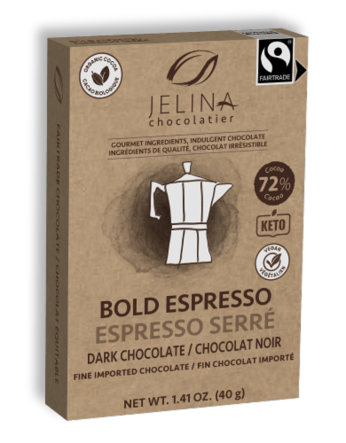 Jelina Chocolatier Bold Espresso 72% Cacao Organic Dark Chocolate Perspective: front