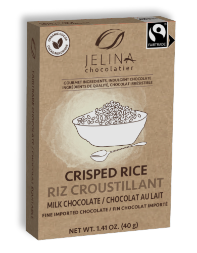 Jelina Chocolatier Crisped Rice 72% Cacao Organic Dark Chocolate Perspective: front