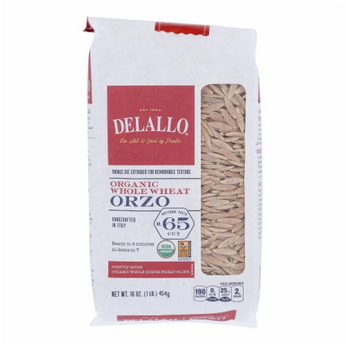 Delallo - Organic Whole Wheat Orzo Pasta - Case of 16 - 16 oz. Perspective: front