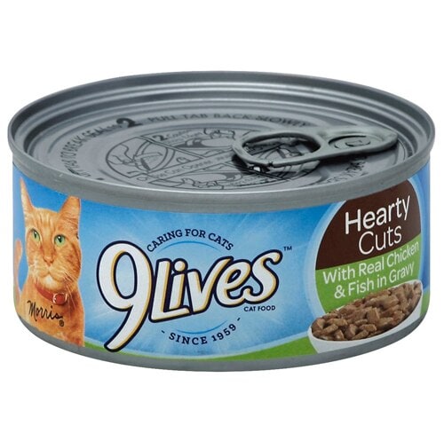 9Lives Hearty Cuts Chicken and Fish Wet Cat Food Case Perspective: front