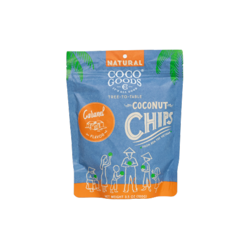 CocoGoods Natural Toasted Coconut Chips Caramel 3.5 oz, Zip lock Bag Perspective: front