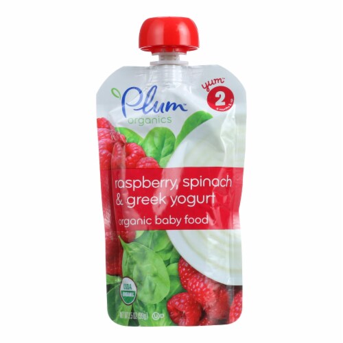 Plum Organics Baby Food-Raspberry Spinach, Greek Yogurt-Stage 2-6 Months and Up-3.5oz-6Case Perspective: front