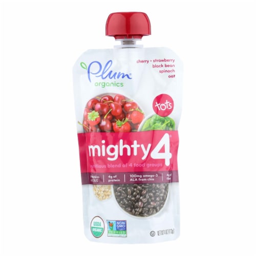 Plum Organics Mighty 4 Blends Tots - Cherry Strawberry Black Bean Spinach and Oat-6Case-4oz Perspective: front