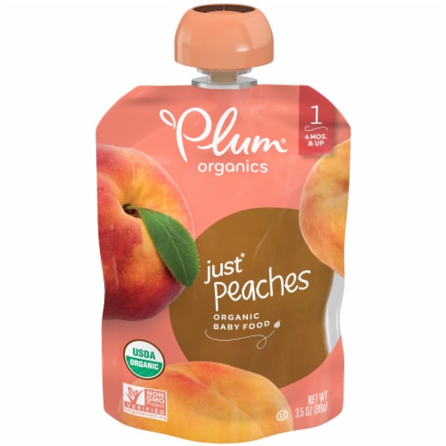 Plum® Organics Just® Peaches Stage 1 Baby Food Pouch Perspective: front