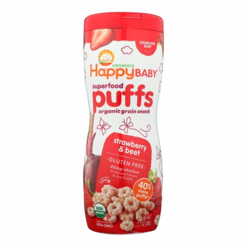 Happy Bites Organic Puffs Finger Food for Babies - Strawberry Puffs - Case of 6 - 2.1 oz Perspective: front